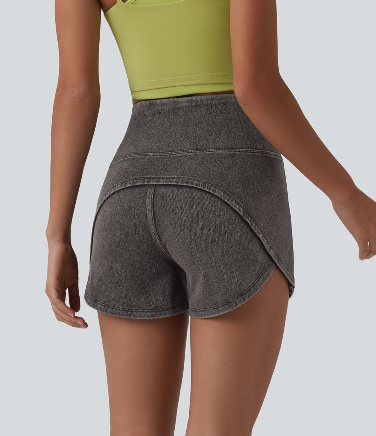 Halara Flex™ High Waisted Tummy Control Curved Hem Skinny Denim Casual Shorts with Pockets