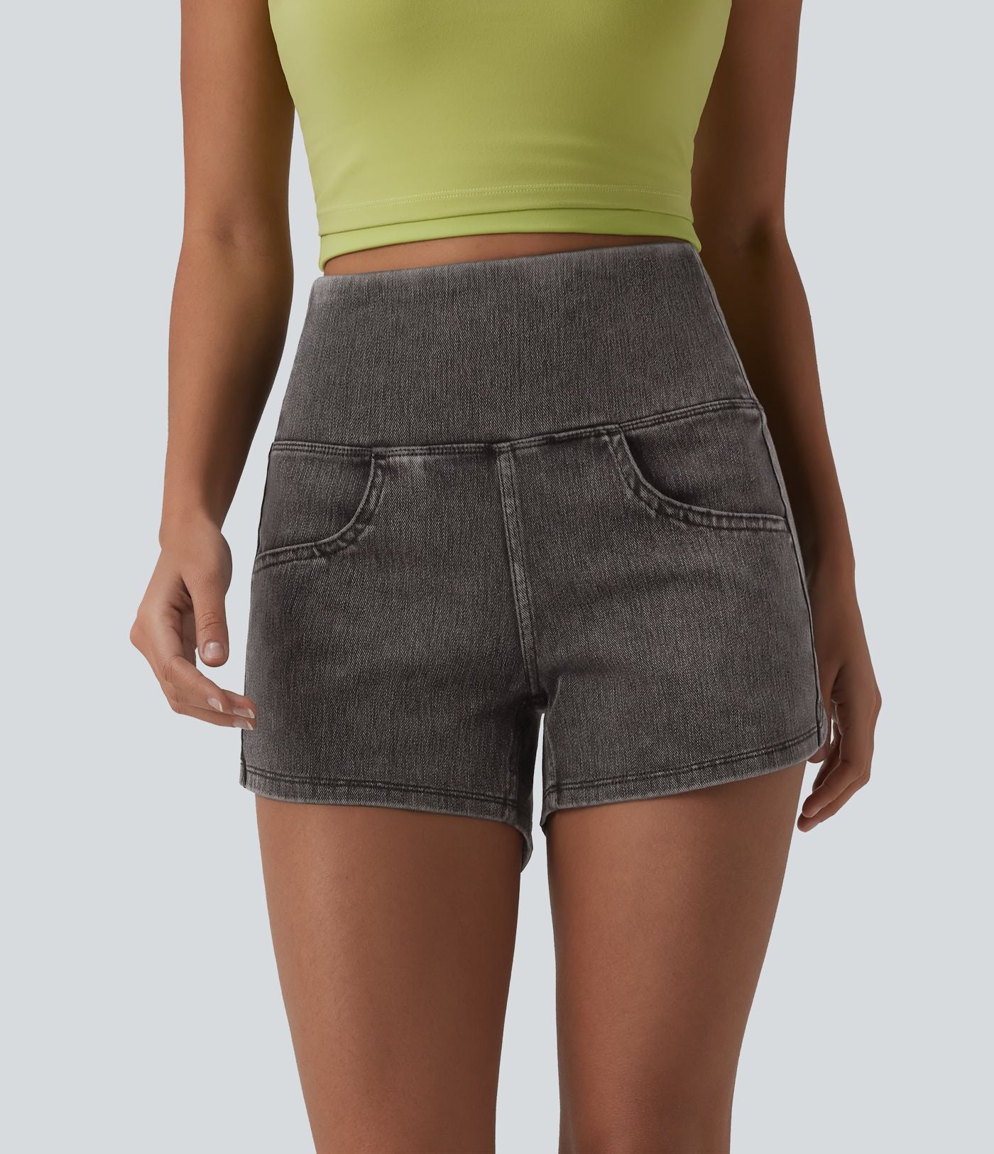 Halara Flex™ High Waisted Tummy Control Curved Hem Skinny Denim Casual Shorts with Pockets