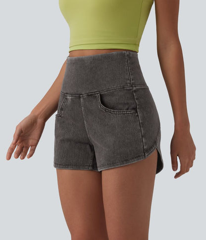 Halara Flex™ High Waisted Tummy Control Curved Hem Skinny Denim Casual Shorts with Pockets