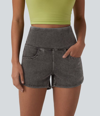 Halara Flex™ High Waisted Tummy Control Curved Hem Skinny Denim Casual Shorts with Pockets