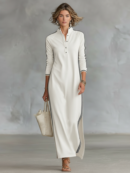 Maxi Dress Women's Sweatshirt with Button-Down Collar and White Trim