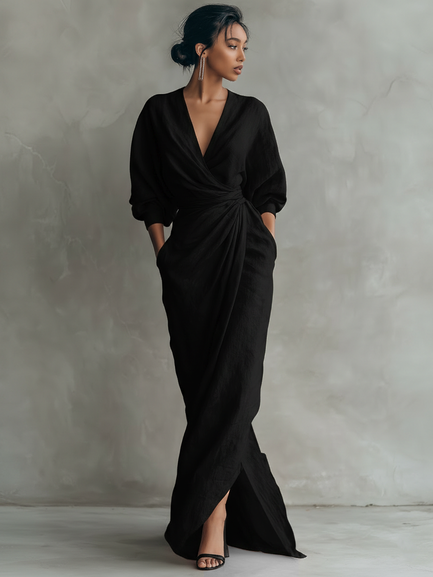 Pink Minimalist Maxi Dress with V-Neck in Linen Blend
