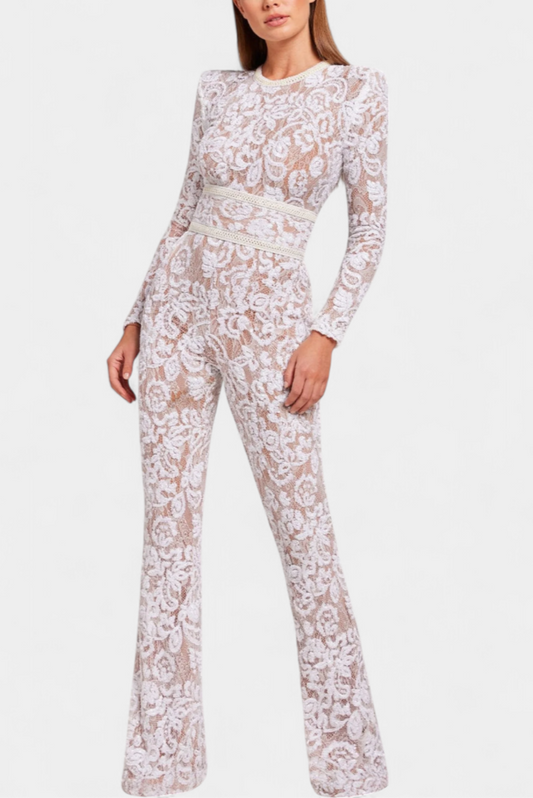 Jimena Corset-Belted Sequined Lace Jumpsuit