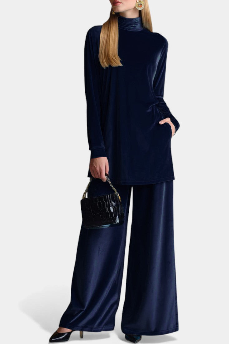 Tifenn Velvet High-Top and Split Pants Set with Elevated Collar