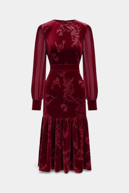 Mavluda Puff Sleeve Midi Mermaid Dress with Round Neck