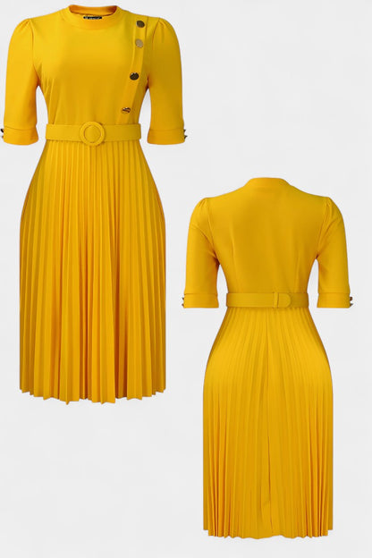 Zandie Chic Pleated Dress Featuring Stylish Decorative Buttons