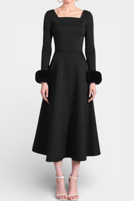 Alicia Square Neck Flared Dress with Patchwork Faux Fur Sleeves