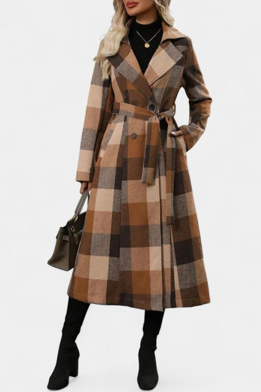 Mélissandre Double-Breasted Long Coat with Notched Collar and Check Pattern