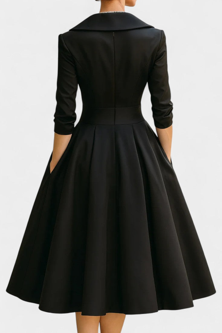 Solid Color Nixie Midi Dress with V-Neck and A-Line Silhouette