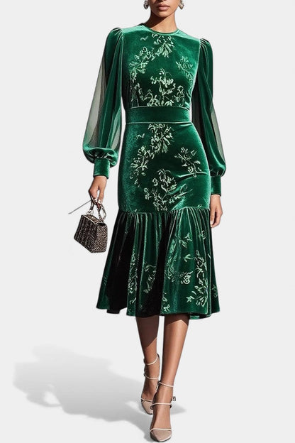 Mavluda Puff Sleeve Midi Mermaid Dress with Round Neck