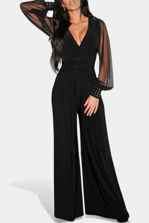 Élancia Chic Black Jumpsuit with Sheer Sleeves