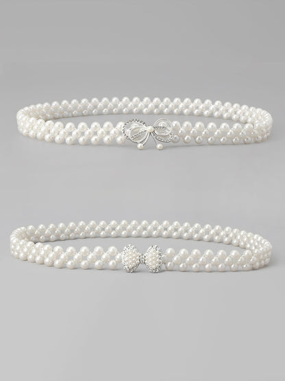 Set of 2 Women's Imitation Pearl and Rhinestone Chain Belts
