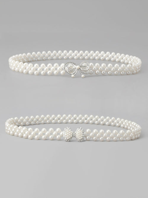 Set of 2 Women's Imitation Pearl and Rhinestone Chain Belts